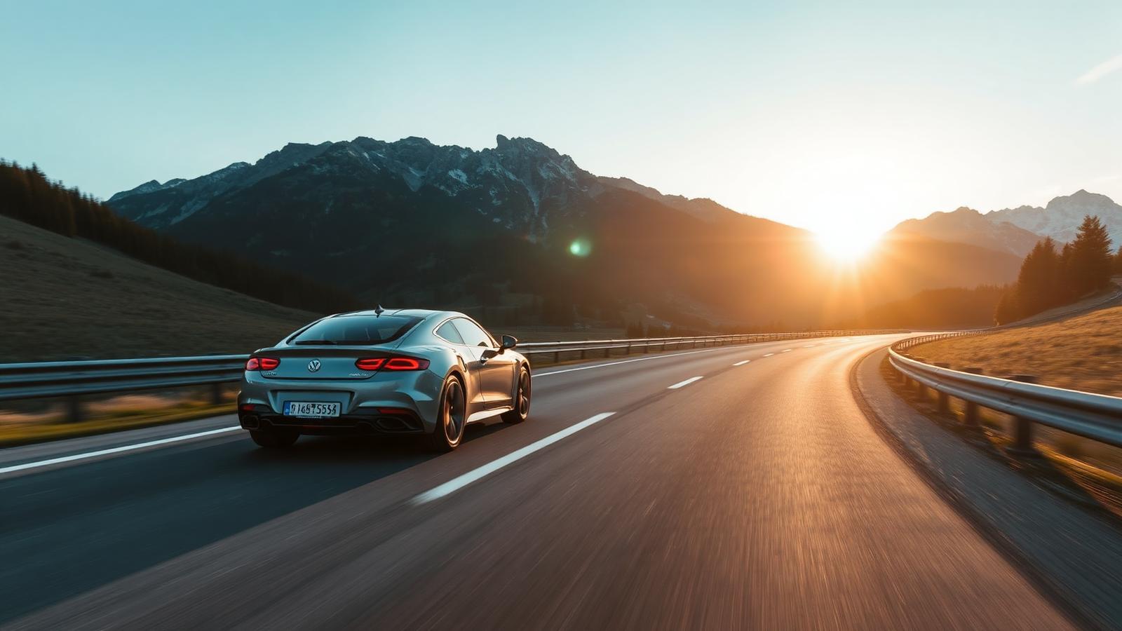 Car driving through the Alps at sunrise